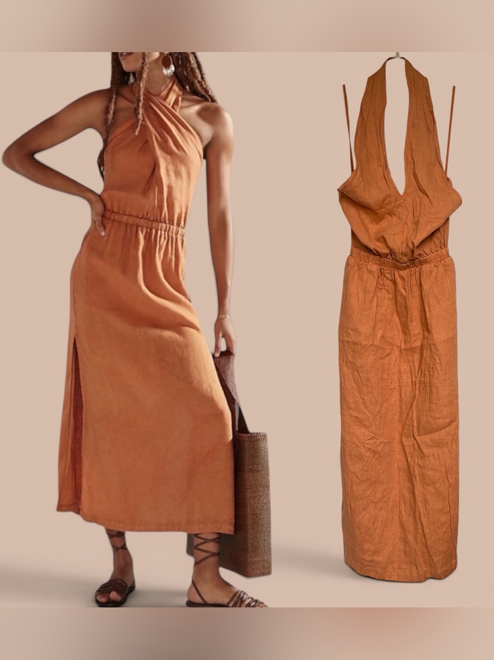 Anthropologie Cloth Stone Midi Dress XS 100% Linen Cross Halter Pockets EUC